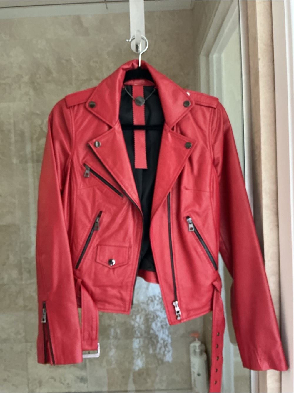 Women’s Red Leather Moto Jacket with Zip Details